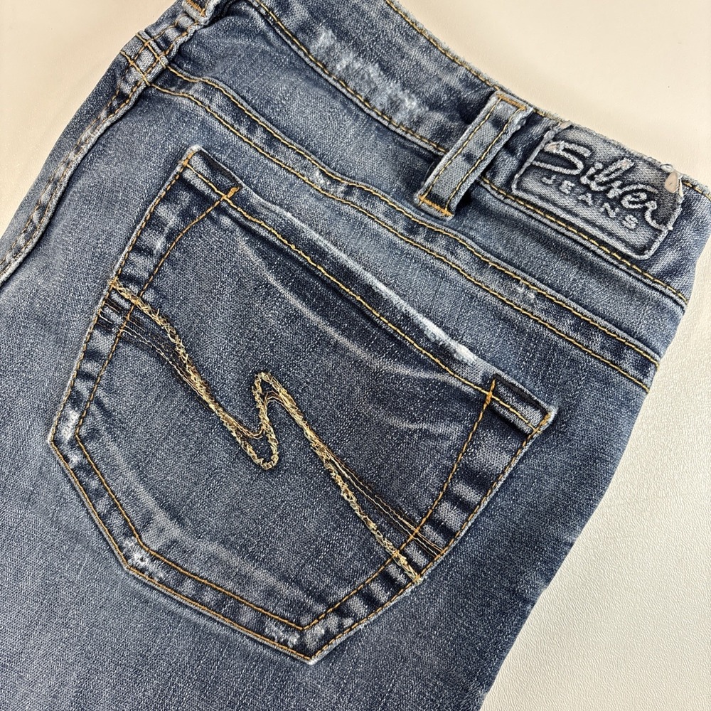 Silver Jeans Aiko Bootcut Womens 33x29 Blue Denim Stretch Mid Rise Distressed